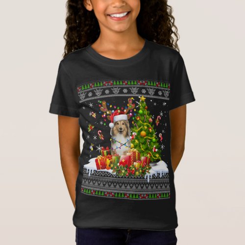 Funny Christmas Lights Sheltie Dog Funny Xmas Ugly T_Shirt