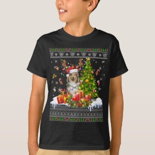 Funny Christmas Lights Sheltie Dog Funny Xmas Ugly T-Shirt