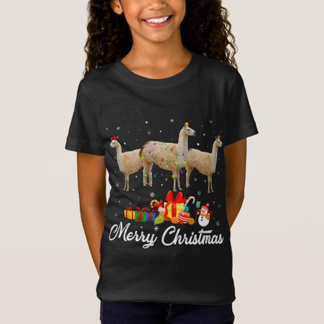 Funny Christmas Lights Xmas Pajama Llama Animals L T-Shirt (Front)