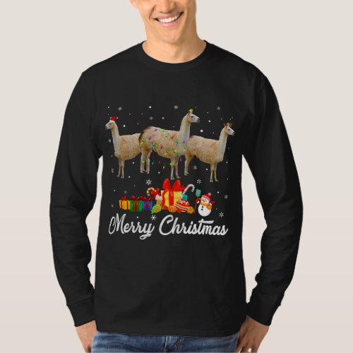 Funny Christmas Lights Xmas Pajama Llama Animals L T_Shirt