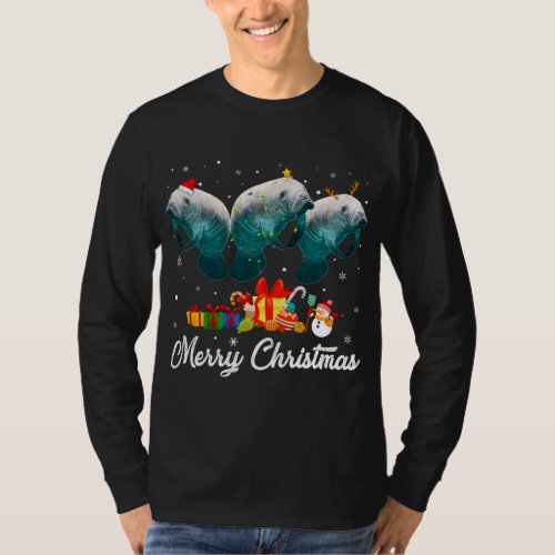 Funny Christmas Lights Xmas Pajama Manatee Animals T_Shirt