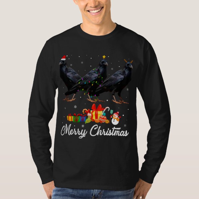 Funny Christmas Lights Xmas Pajama Raven Animals L T-Shirt (Front)