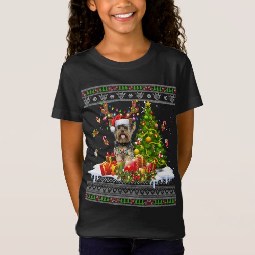 Funny Christmas Lights Yorkie Dog Funny Xmas Ugly  T_Shirt