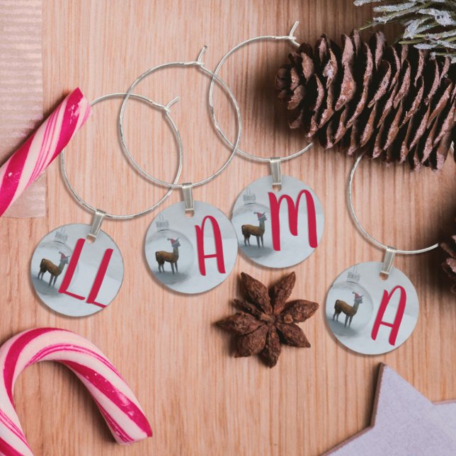 Funny Christmas Llama Party Monogram Wine Charms (Fun and festive wine charms with space for your initials)