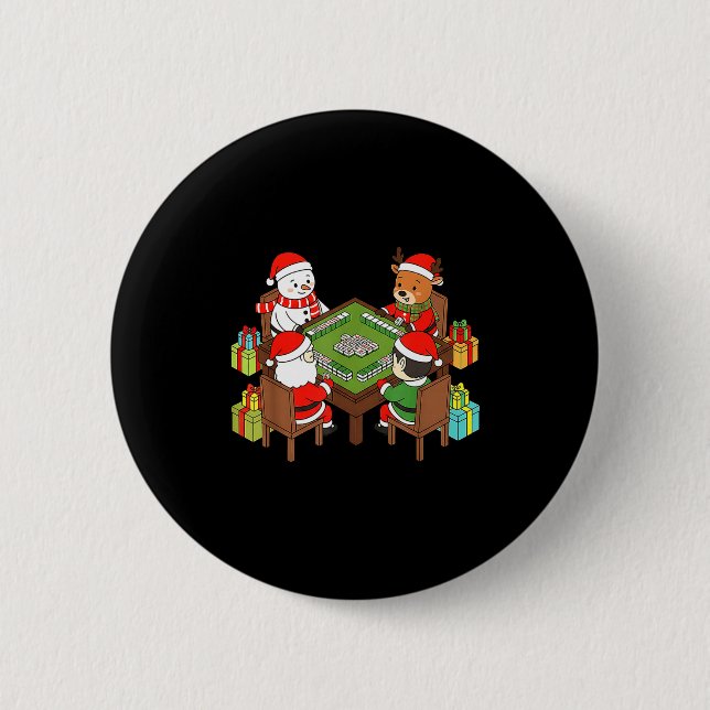 Funny Christmas Mahjong Santa Snowman Elf Reindeer Button (Front)