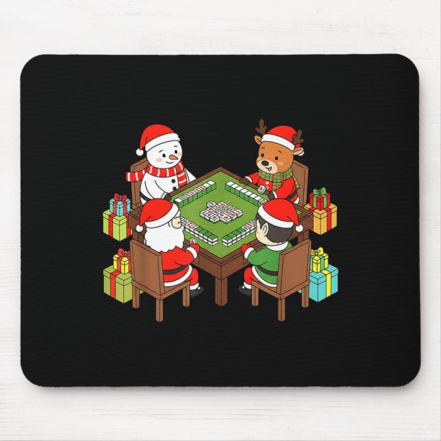 Funny Christmas Mahjong Santa Snowman Elf Reindeer Mouse Pad (Front)
