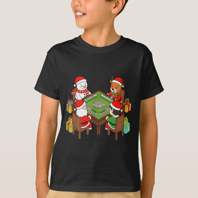 Funny Christmas Mahjong Santa Snowman Elf Reindeer T-Shirt (Front)