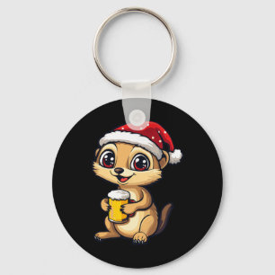 Funny Christmas Meerkat With Beer Comic Keychain