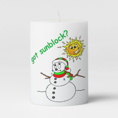 Funny Christmas Melting Snowman Got Sunblock Xmas Pillar Candle