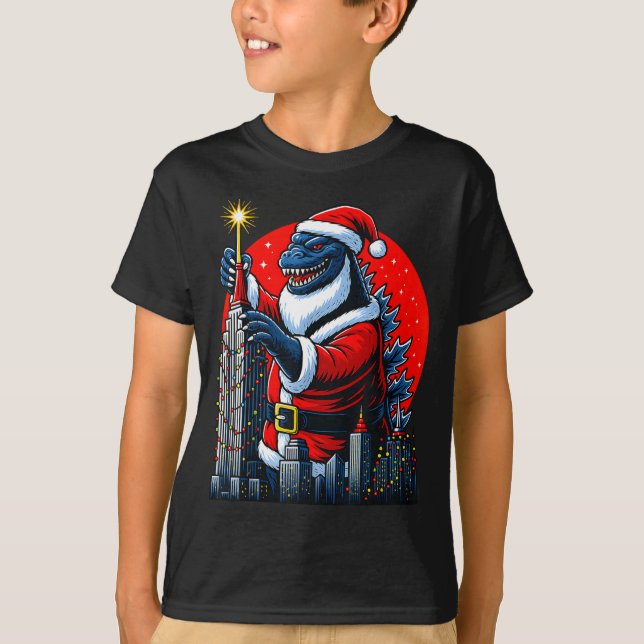 Funny Christmas Monster Santazilla Holiday Dinosau T-Shirt (Front)
