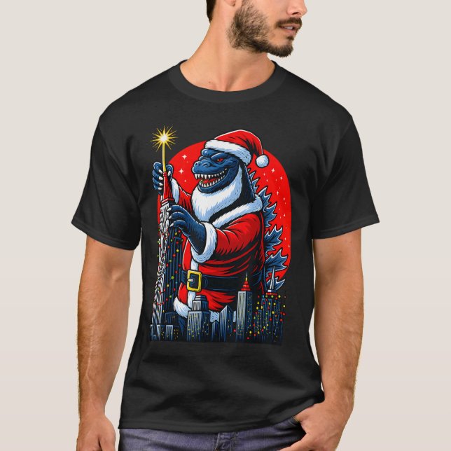Funny Christmas Monster Santazilla Holiday Dinosau T-Shirt (Front)