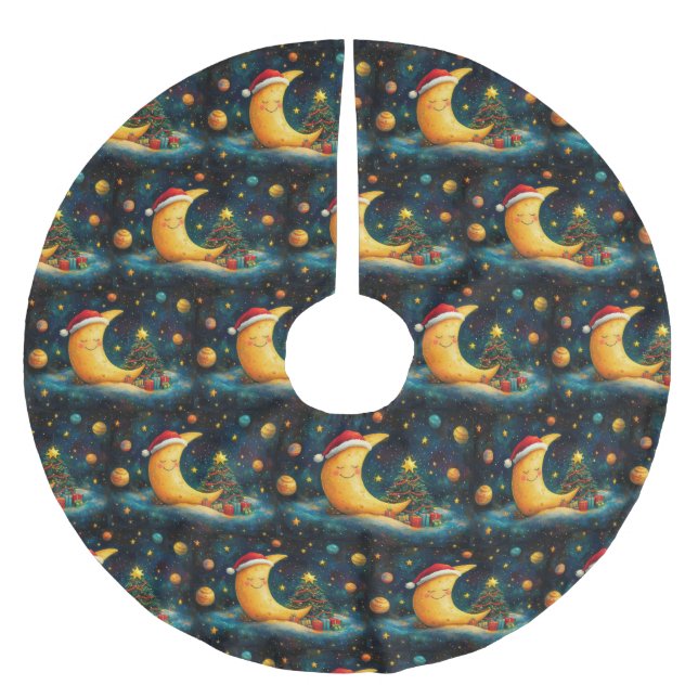 Funny Christmas Moon Galaxy Celebration Brushed Polyester Tree Skirt (Front)