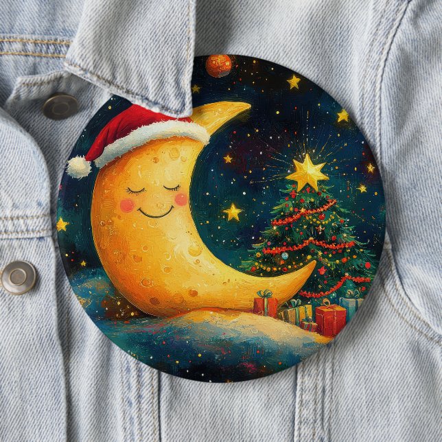 Funny Christmas Moon Galaxy Celebration Button (In Situ)