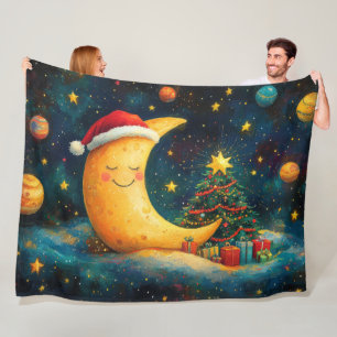 Funny Christmas Moon Galaxy Celebration Fleece Blanket