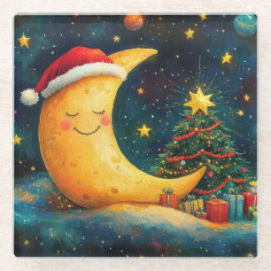 Funny Christmas Moon Galaxy Celebration Glass Coaster