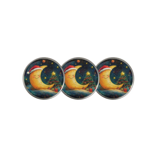 Funny Christmas Moon Galaxy Celebration Golf Ball Marker (3 Up)