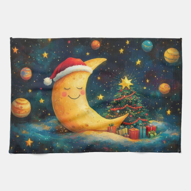 Funny Christmas Moon Galaxy Celebration Kitchen Towel (Horizontal)