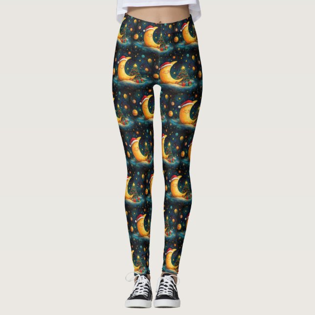 Funny Christmas Moon Galaxy Celebration Leggings (Front)
