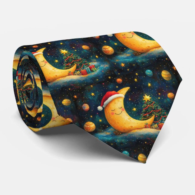 Funny Christmas Moon Galaxy Celebration Neck Tie (Rolled)
