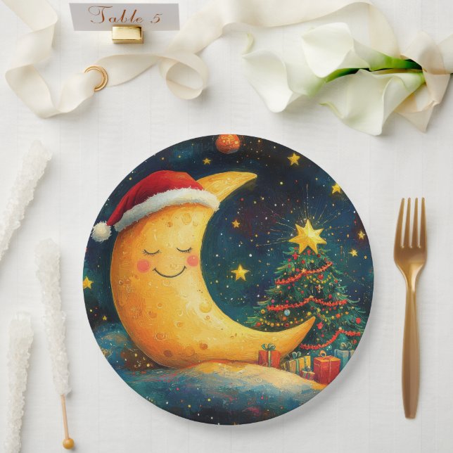 Funny Christmas Moon Galaxy Celebration Paper Plates (Wedding)