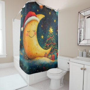 Funny Christmas Moon Galaxy Celebration Shower Curtain