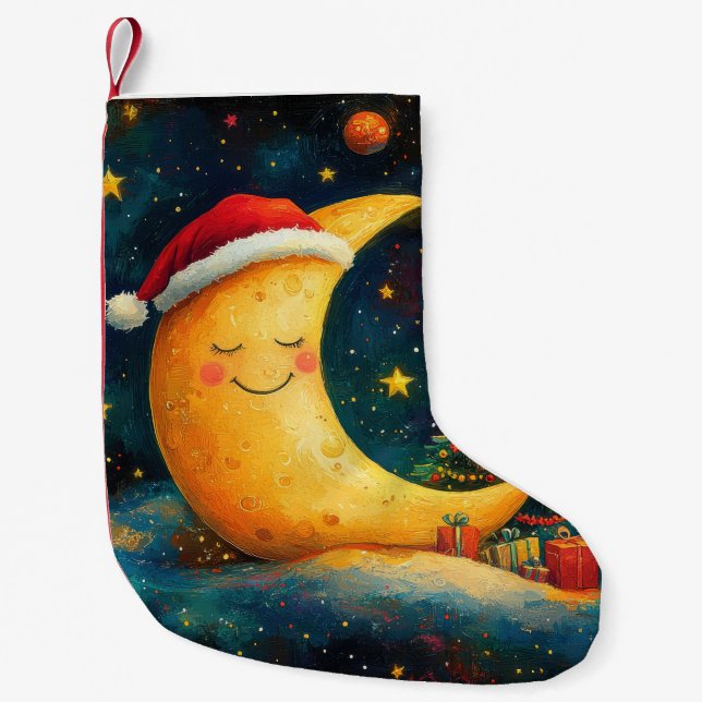 Funny Christmas Moon Galaxy Celebration Small Christmas Stocking (Front)