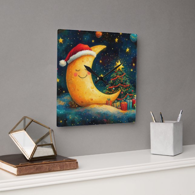 Funny Christmas Moon Galaxy Celebration Square Wall Clock (Office)