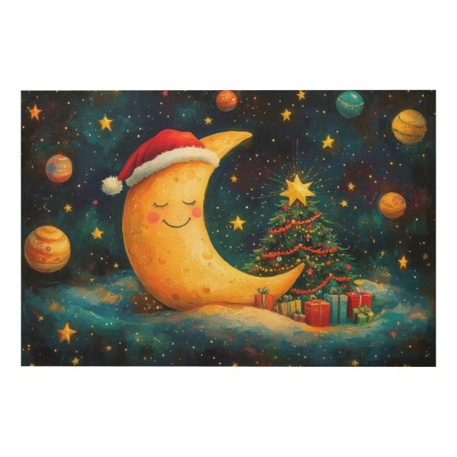 Funny Christmas Moon Galaxy Celebration Wood Wall Art (Front)