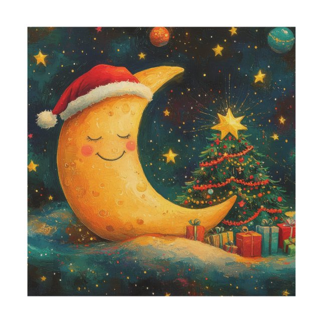 Funny Christmas Moon Galaxy Celebration Wood Wall Art (Front)
