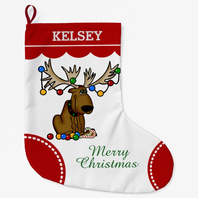 Funny Christmas Moose Large Christmas Stocking (Front)
