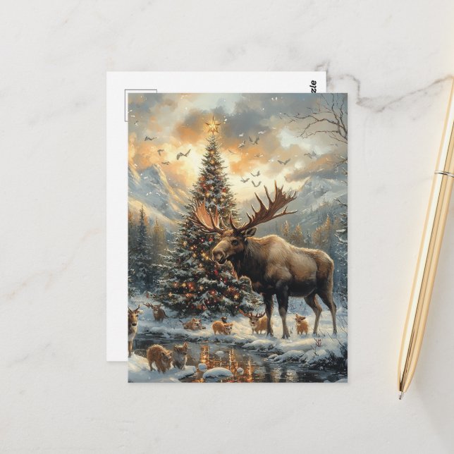 Funny Christmas Moose Postcard (Front/Back In Situ)