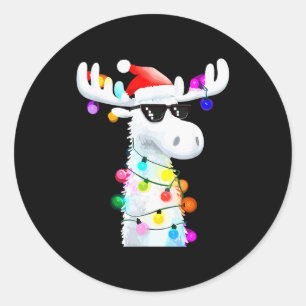 Funny Christmas Moose With Sungles And Holiday Lig Classic Round Sticker