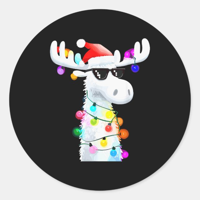 Funny Christmas Moose With Sungles And Holiday Lig Classic Round Sticker (Front)