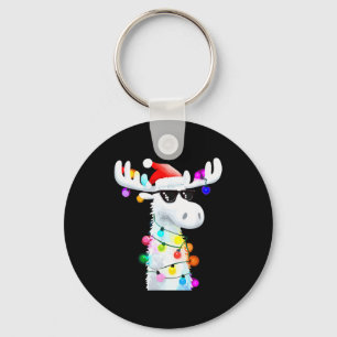 Funny Christmas Moose With Sungles And Holiday Lig Keychain