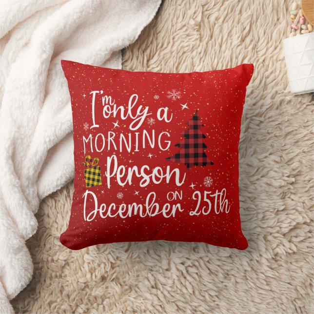 Funny Christmas Morning Person Red Holiday Throw Pillow (Blanket)