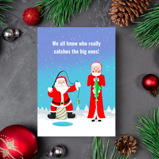 Funny Christmas Mrs. Claus Beats Santa At Fishing Card | Zazzle