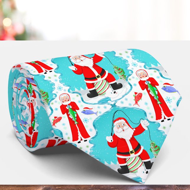 Funny Christmas Mrs. Claus Beats Santa At Fishing  Neck Tie (Festive necktie: Reel in laughter with playful Christmas charm for men!)