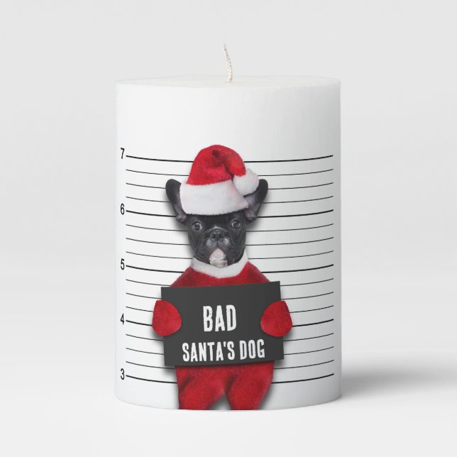 Funny Christmas Mugshot Bad Santa's Dog Pillar Candle (Front)