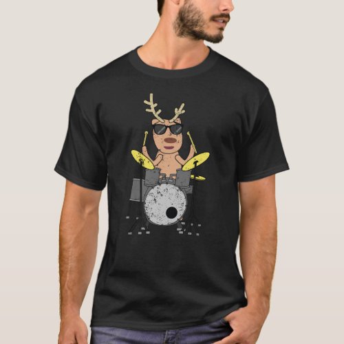 Funny Christmas Music Drummer Reindeer Drum Set T_Shirt