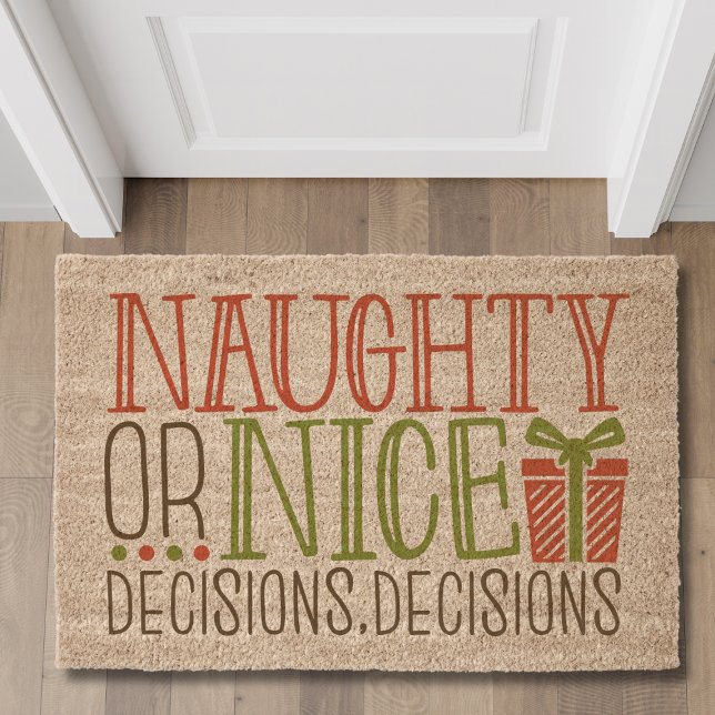 Funny Christmas Naughty Or Nice Modern Typography Fiber Doormat (Creator Uploaded)
