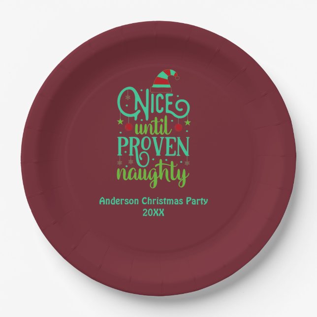 Funny Christmas, Nice until Proven Naughty Red Paper Plates (Front)