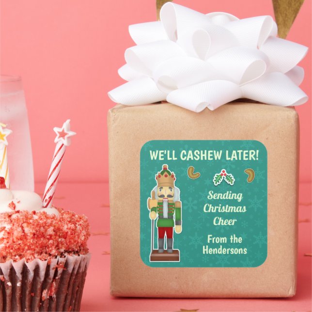 Funny Christmas Nutcracker Cashew Mistletoe Custom Square Sticker (Party)