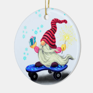 Funny Christmas Ornament Skater Gnome with Gifts