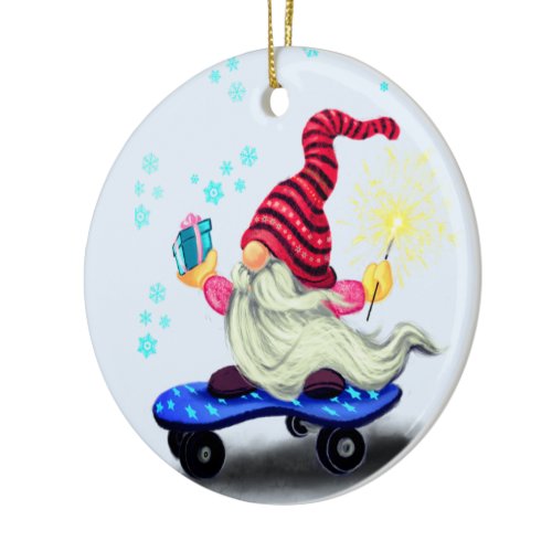 Funny Christmas Ornament Skater Gnome with Gifts