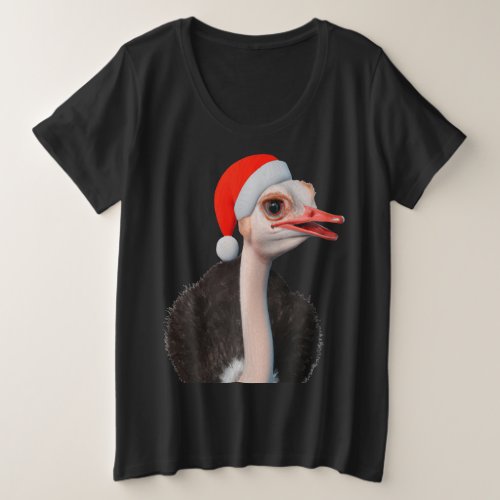 Funny Christmas Ostrich in Santa Hat Plus Size T_Shirt