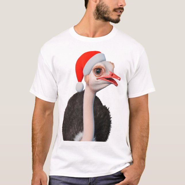 Funny Christmas Ostrich in Santa Hat T-Shirt (Front)