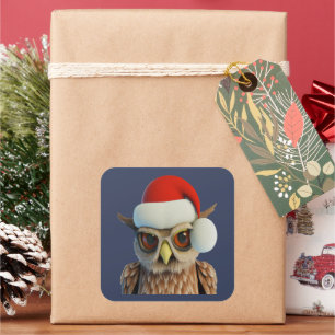 Funny Christmas Owl Wearing Santa Hat Square Sticker