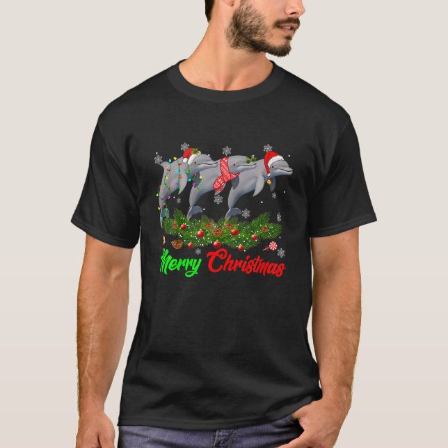 Funny Christmas Pajama Dolphin Hat Santa Xmas Ligh T-Shirt (Front)