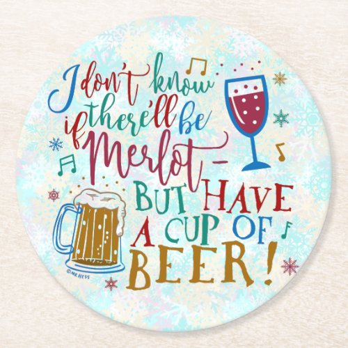 Funny Christmas Party Merlot Wine Beer Typography Round Paper Coaster