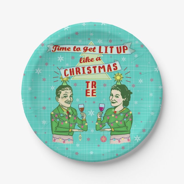 Funny Christmas Party Retro Adult Drinking Holiday Paper Plates (Front)